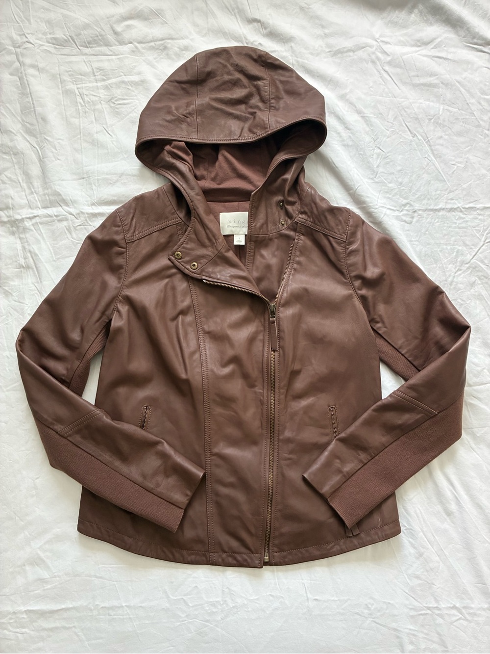 hinge Brown Leather Hooded Moto Jacket